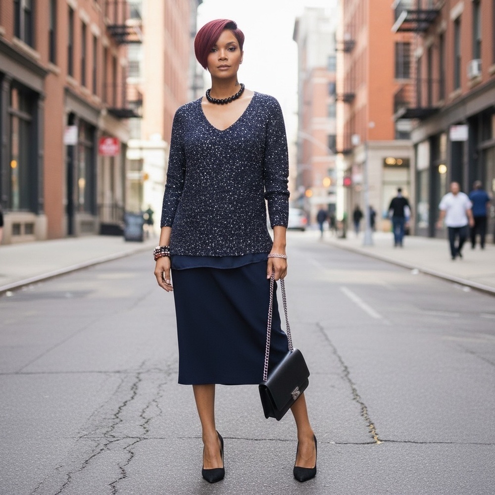 Elegant Navy Blue Skirt two piece set. Skirt and blouse.☑️